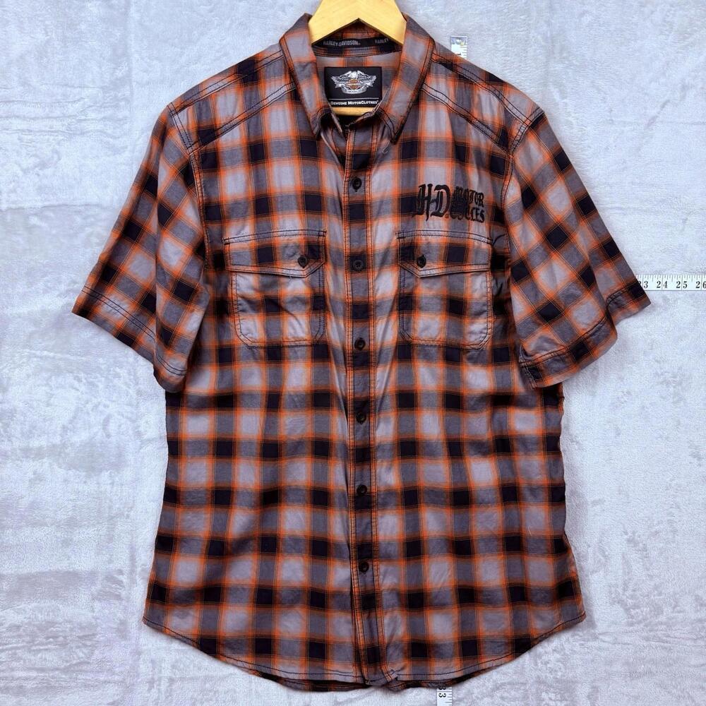 Harley-Davidson Red Black Plaid Men Shirt L Short Sleeve HD Motorcycles Western